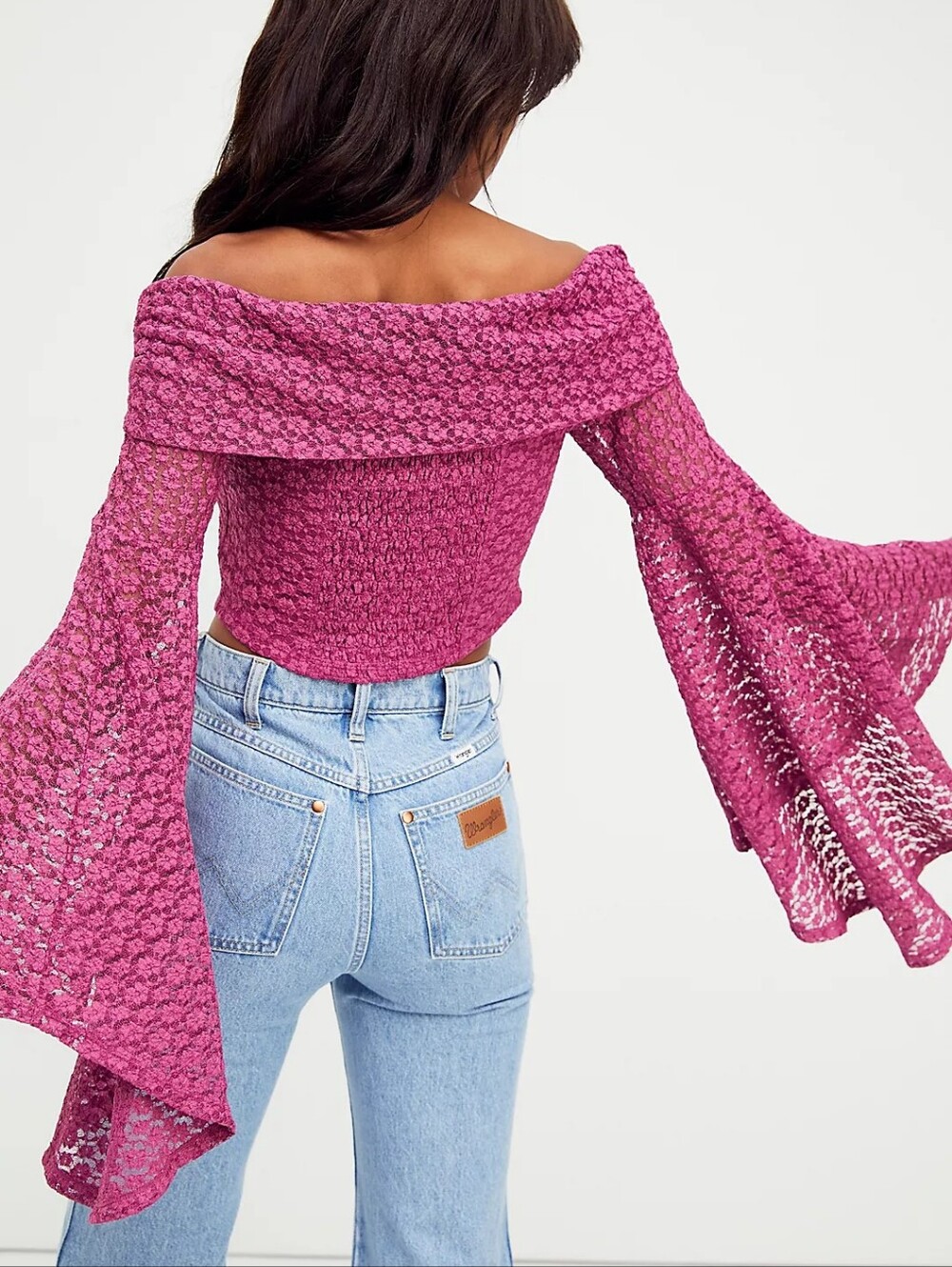 Free People Lola Pink Lace Mesh Top Cropped Bell Sleeves NWOT Sz M